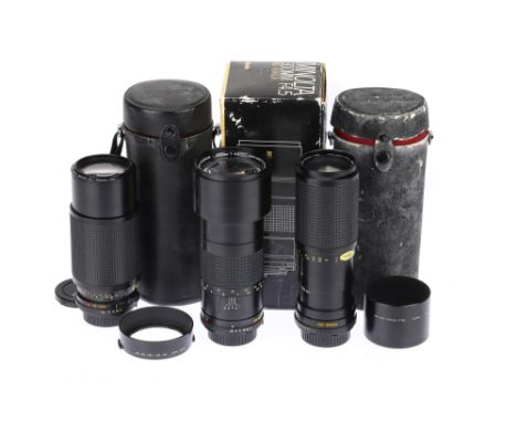 A Selection of Minolta MD Camera Lenses, to include an MD Tele Rokkor 300mm f/4.5 lens, body F, some light corrosion, optics 