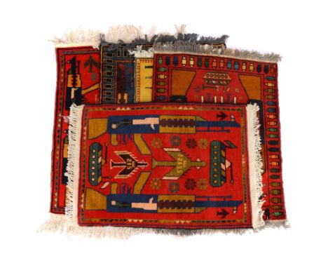 Afghan War Rug Collection, A Collection of 5 vintage Afghan war rugs, each hand woven rug depicting Russian military equipmen