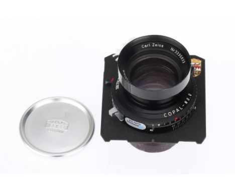 A Carl Zeiss S-Planar f/5.6 120mm Lens, on Linhof Technika lens board, black, serial no. 3335933, body, G-VG, shutter working