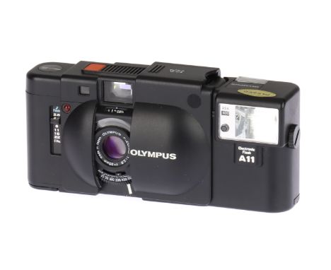 An Olympus XA Rangefinder Compact Camera, black, body G-VG, RF patch visible, shutter working, flash working, optics G-VG, so