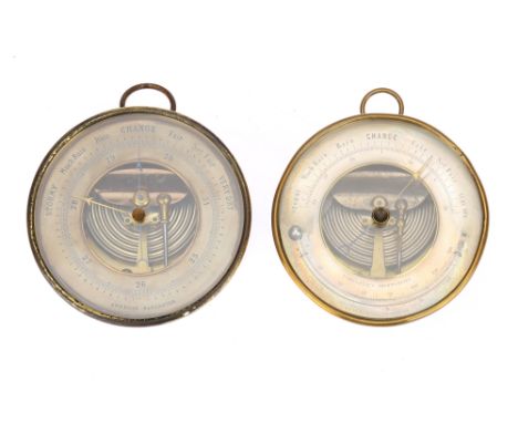 2 Bourdon Barometers, French, c.1860, unsigned, the silver face printed scale showing 28 to 31 inches of barometric pressure 