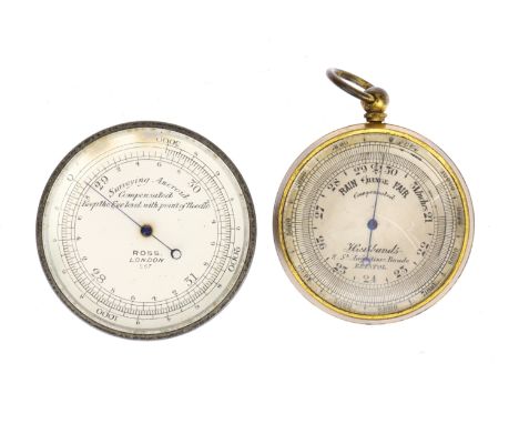 2 small Pocket Barometers, including an aluminium barometer marked 'Surveying Aneroid Compensated, Keep The Eye Level With Th