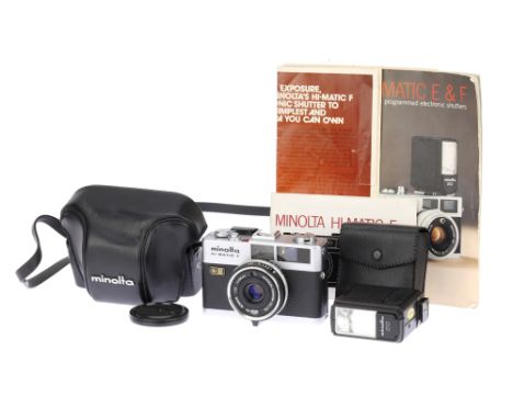 A Minolta Hi Matic F 35mm Rangefinder Camera, chrome, body G-VG, shutter untested, RF patch bright &amp; clear, optics G, som