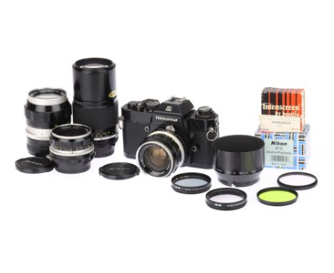 A Nikon Nikkormat EL 35mm SLR Camera Outift, black, body G-VG, shutter working, meter needle responds to changes in light, to