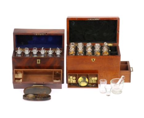 2 Apothecary, Domestic Medicine Chests, including a small set, English, c.1860, unmarked in a French polished mahogany chest,