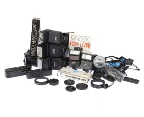 A Mixed Selection of Minolta Camera Accessories, to include a range of flash guns, power winders, literature, cables, &amp; m