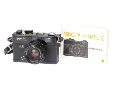 A Minolta Hi Matic E 35mm Rangefinder Camera, black, body G, batter compartment door missing, shutter untested, with f/1.7 50