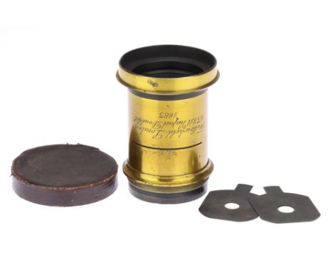 A Fallowfield London 13 x 11 Rapid Doublet Brass Camera Lens, brass, serial no. 1683, body G-VG, Waterhouse stops, some light