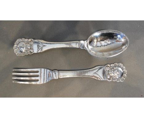 Evald Nielsen, a Danish 830 Silver Christening Pair, 15cm long, together with a a Danish Sterling Silver Christening Fork by 