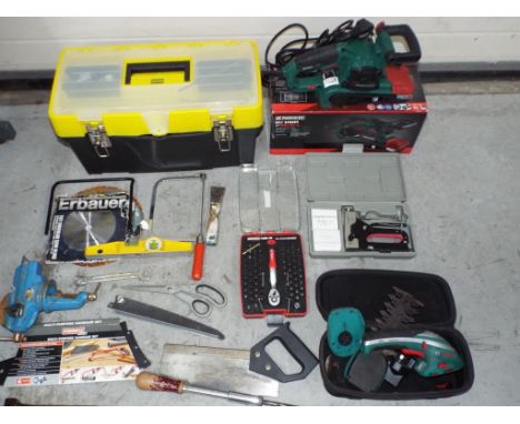 A lot to include a toolbox containing a quantity of tools to include Parkside belt sander, a staple gun, Powerfix Profi bit s