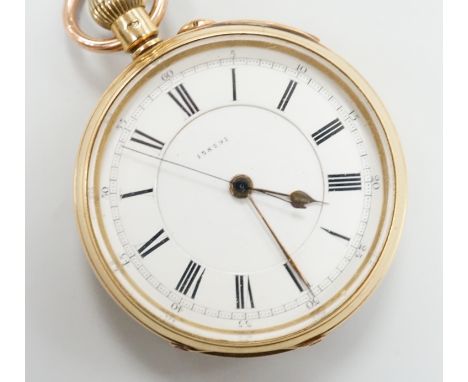 A late Victorian 18ct gold open faced chronograph keyless pocket watch, with Roman dial, the three quarter plate movement num