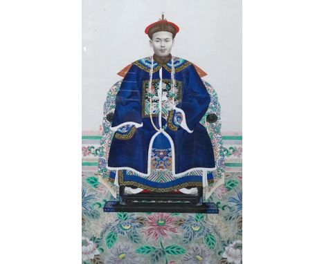 Early 20th century Chinese School, gouache, collage and photograph, Ancestor portrait, 103 x 64cm