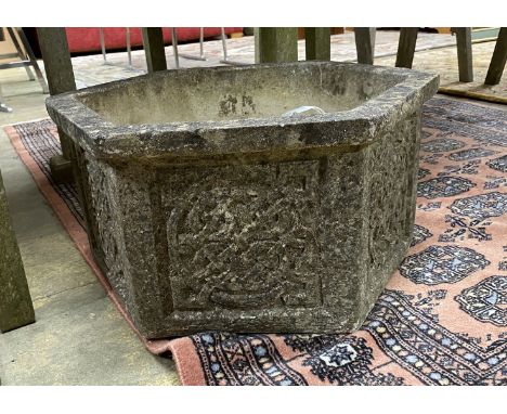 A hexagonal cast stone garden planter, width 47cm, height 26cm