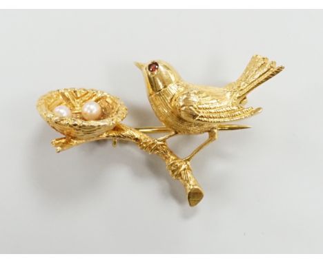 A 1960's  9ct gold and cultured pearl bird, nest and egg brooch, 33mm, gross weight 4.1 grams.