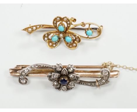 Two late Victorian yellow metal and gem set bar brooches, including sapphire and diamond, 46mm and turquoise and seed pearl, 