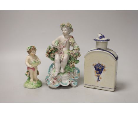 Two late 18th century Derby figures of cherubs and a Chinese Export porcelain caddie and cover