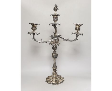 A Victorian plated Elkington &amp; Co two branch, three light candelabrum, 60cm high