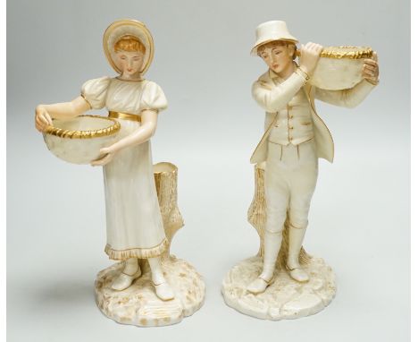 A pair of Worcester porcelain figures, modelled as a boy and girl with baskets, shape number 880, 26cm