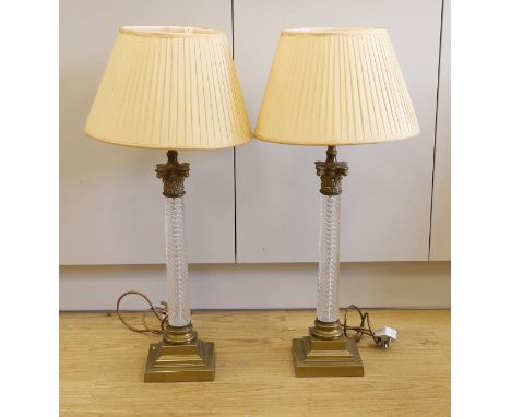 A pair of brass and glass Corinthian column table lamps, 52cm high not including light fitting