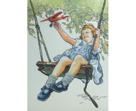 Gilbert Wilkinson (1891-1965), ink and gouache, 'Girl on swing holding a toy aeroplane', signed with three copies of Dittybox