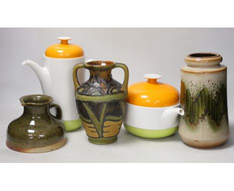 A 1960’s orange, green and white Rosenthal tea and coffee pot and a 'Bay' pottery vase, another and a jug, Rosenthal coffee p