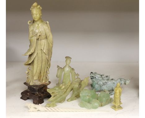 A Chinese soapstone figure, a jadeite figure of a qilin and various bowenite figures etc., tallest 30cm