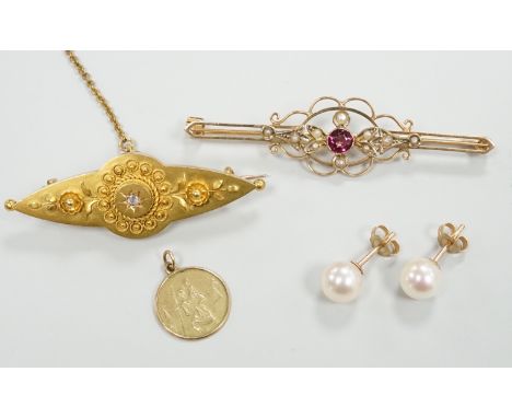 A Victorian 15ct and diamond set brooch, 45mm, a similar 9ct and gem set brooch, a pair of cultured pearl ear studs and a 9ct