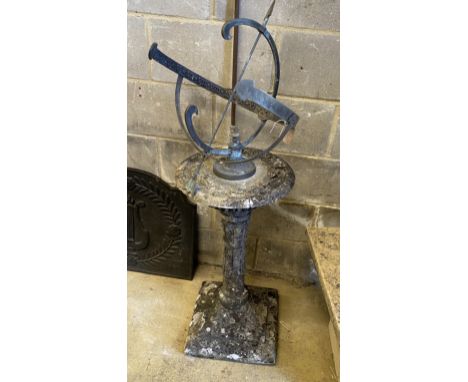 A cast metal and reconstituted stone orb sundial, height 125cm