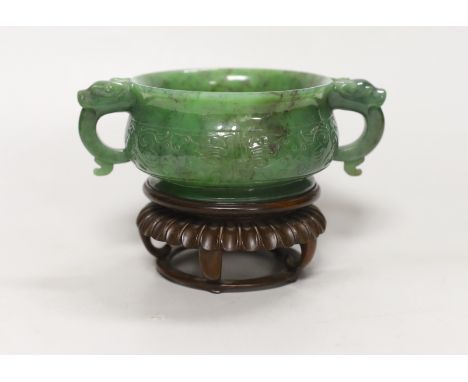 A Chinese archaistic green jade censer, wood stand. 10cm tall incl. stand