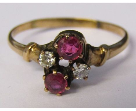 Tested as 9ct gold 4 stone ruby and diamond ring (diamond total 0.12 ct) size L c.1890 weight 1.3 g