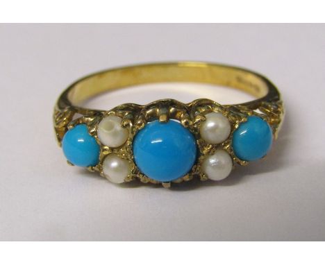 9ct gold turquoise and seed pearl ring size T/U weight 3.4 g