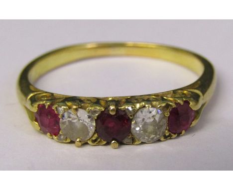 Tested as 18ct gold 5 stone ruby and diamond ring (ruby 0.12ct each, diamond 0.12ct each) size O weight 3.1 g