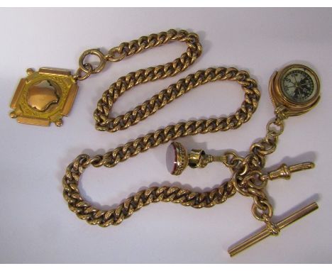 9ct gold watch chain, fobs and compass&nbsp; (fob Birmingham 1855, swivel compass Birmingham 1919), each link marked .375 and