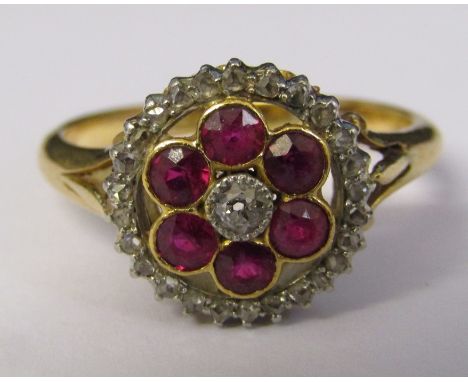 18ct gold ruby and diamond cluster ring (total ruby 0.50 ct, central diamond 0.035ct) c.1885 size O weight 4.3 g D 13 mm