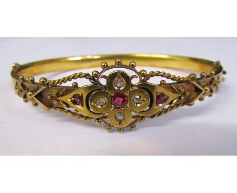 Victorian 15ct gold ruby and diamond bangle (damage to diamonds) weight 10.0 g D 6.5 cm