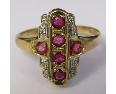 9ct gold ruby and diamond chip Art Deco style ring size L/M weight 2.9 g