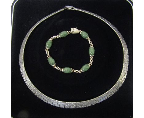 Silver Cleopatra style necklace weight 25.2 g / 0.81 ozt L 16" &amp; a silver and jade style bracelet weight 17.3g / 0.56 ozt