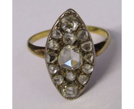 Tested as 18ct gold Georgian diamond marquise ring, total approximately 1.25 carat, size M/N weight 3.2 g (central diamond 0.