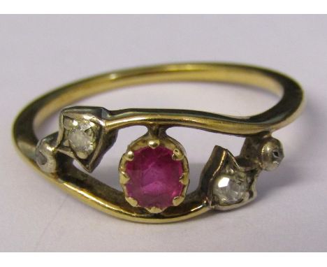 Tested as 18ct gold ruby and diamond ring (ruby 0.15 ct) size M weight 2.4 g