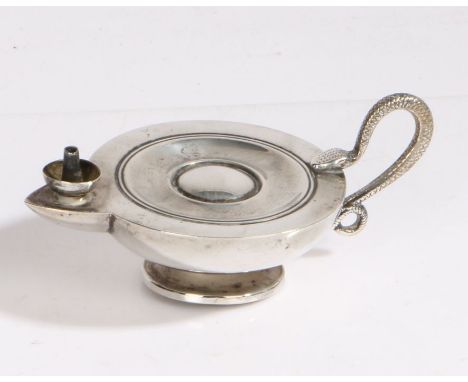 George V silver Aladdin's lamp style table lighter, Birmingham 1922, maker Mappin &amp; Webb, with curling snake handle, rais