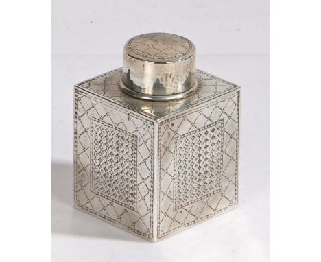 George V silver tea caddy, Birmingham 1911, makers mark rubbed, the cylindrical lid above a diamond and roundel decorated squ