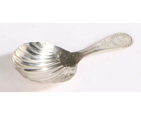 George III silver caddy spoon, London 1797, maker I.E or T.E, the bright cut handle initialled AE above a shell pattern bowl,