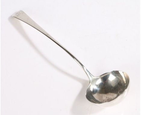 George III silver ladle, London 1781, maker George Smith III, the old English pattern handle initialled JJ, 33cm long, 5.6oz