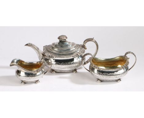 George III silver tea set, London 1819, maker Rebecca Emes &amp; Edward Barnard I, consisting of teapot with acanthus leaf ca