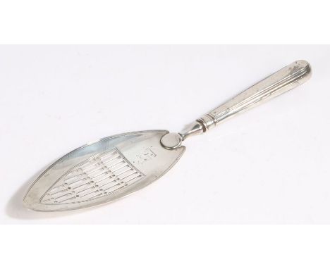 George III silver fish slice, London 1795, maker Michael Plummer, the reeded tapering handle above a pierced blade with crest