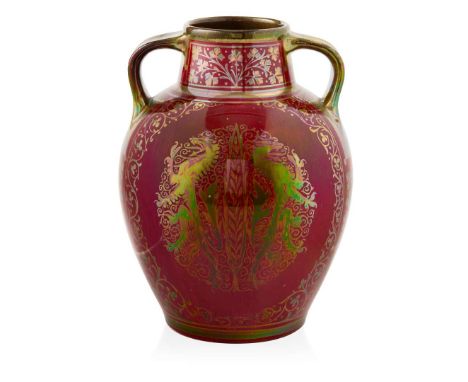  GORDON FORSYTH (1879–1952) FOR PILKINGTON’S TILE & POTTERY CO. LANCASTRIAN LUSTRE TWIN-HANDLED VASE, 1907 lustre-glazed eart