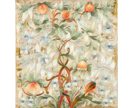  ENGLISH ARTS & CRAFTS EMBROIDERED PANEL, CIRCA 1890 coloured silk threads on a silk ground, framed 49cm x 51.5cm (frame size