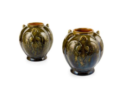  CHRISTOPHER DRESSER (1834-1904) FOR LINTHORPE ART POTTERY PAIR OF HANGING VESSELS, CIRCA 1880 glazed earthenware, each with 