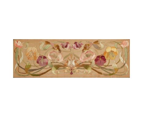  ENGLISH ARTS & CRAFTS EMBROIDERED PANEL, CIRCA  1890 coloured silks and metal threads on an unbleached linen ground, framed 