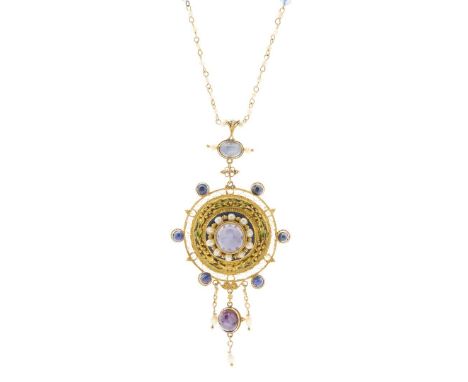  JAMES CROMAR WATT (1862-1940) ARTS & CRAFTS MEDIEVALIST PENDANT, CIRCA 1905 yellow metal, set with seed pearls and sapphire,